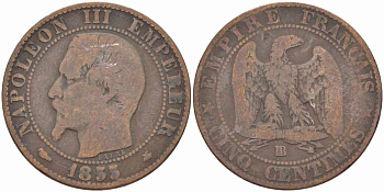 Франция 5 сантимов 1855 BB, Наполеон III (1852-1870) KM 777.3, LE FRANC 116.20 бронза 108-343