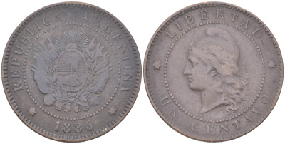 Аргентина 1 сентаво 1886 KM 32 бронза 4620-925