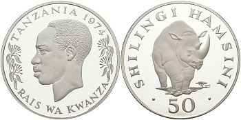 Танзания 50 шиллингов 1974 серия защита окружающей среды, носорог, тираж 12000 экз. KM 8а серебро PROOF 00-000-00