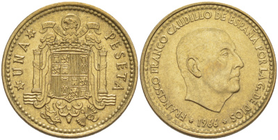 ИСПАНИЯ 1 ПЕСЕТА 1966 (69) ФРАНСИСКО ФРАНКО ДИКТАТОР ИСПАНИИ ( 1939- 1975) KM 796 алюминиевая бронза 216-616
