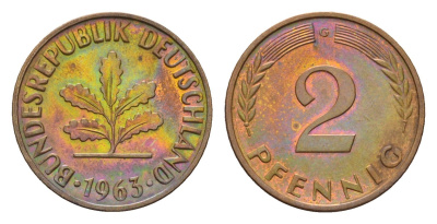 ФРГ 2 пфеннига 1963 G KM 106, J. 381 бронза 4682-1069