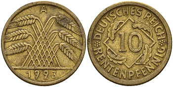 Германия 10 рентенпфеннигов 1923 A J. 309, KM 33 алюминиевая бронза    4603-746