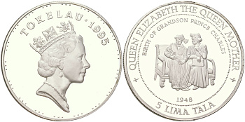 Токелау 5 тала 1995 Рождения внука Принца Чарльза - 1948 KM 23 серебро PROOF 01-235-55