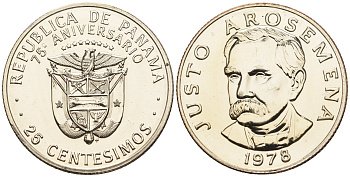 Панама 25 сентесимо 1978 Хусто Аросемена KM 37.1 медь плакированная медно-никелем  UNC  M8-15