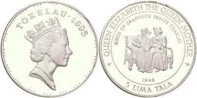 Токелау 5 тала 1995 Рождения внука Принца Чарльза - 1948 KM 23 серебро PROOF 01-235-55