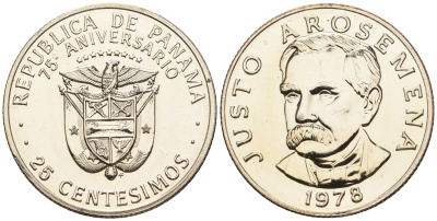 Панама 25 сентесимо 1978 Хусто Аросемена KM 37.1 медь плакированная медно-никелем  UNC  M8-15