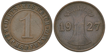 Германия 1 рейхспфенниг 1927 А KM 37, J. 313 бронза 3458-1131