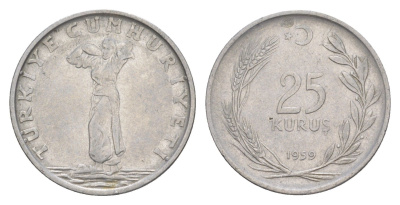 Турция 25 курушей 1959 KM 892.1 нержавеющая сталь 4648-653