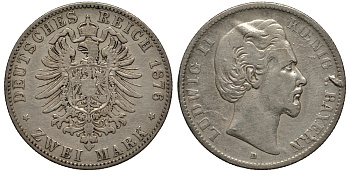 Бавария 2 марки 1876 Людвиг II (1864-1886) Weege 41, J. 41, KM 505 серебро 413-2032