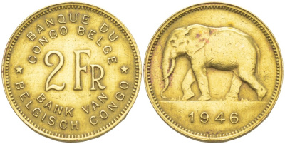 Бельгийское Конго 2 франка 1946 слон KM 28 латунь 4541-1017