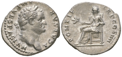 Римская Империя денарий 75 Тит, T CAESAR IMP VESPASIAN, голова императора/PONTIF TR P COS IIII, Пация, богиня Мира, Рим, 3,30 гр, extremely fine RIC 185 серебро 00-00