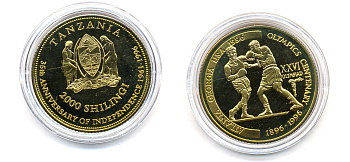 Танзания 2000 шиллингов 1996 XXVI Олимпийские игры 1996 года в Атланте, 100 лет Олимпийскому движению, боксеры, пробник, рубчатый гурт латунь PROOF 06-157-12