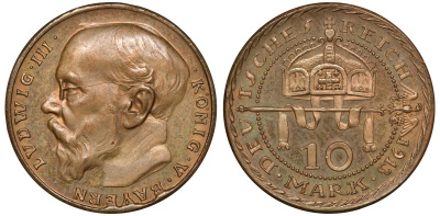 Бавария 10 марок 1913 проба, Людвиг III (1913-1918) KM M4 серебро плакированная медью  UNC  1531-1312