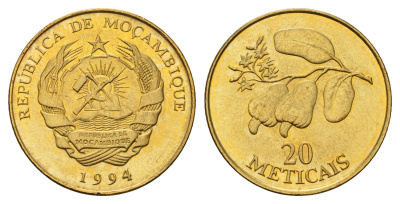 Мозамбик 20 метикалов 1994 год-тип KM 118 сталь плакированная латунью UNC 25-1833