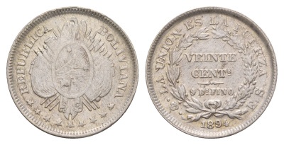 Боливия 20 сентаво 1894 KM 159.2 серебро 1519-634