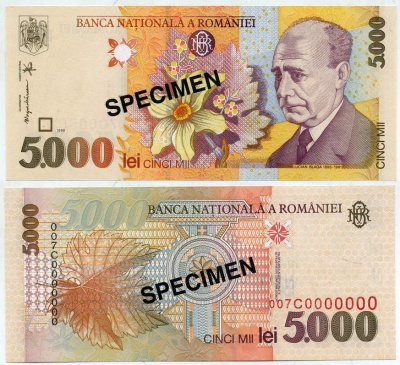 Румыния 5000 лей 1998 Лучиан Блага (1895-1961), образец, specimen Pick 107s бумага UNC (пресс) 00-00