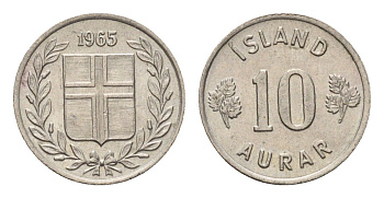Исландия 10 эйре 1965 KM 10 медно-никель UNC 4690-716