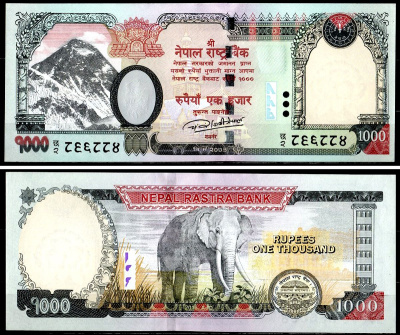 Непал 1000 рупий 2016 Гора Эверест, ступа Сваямбунатх и храм Харати, слоны Pick 75 b бумага UNC (пресс) 7548-46-4-2