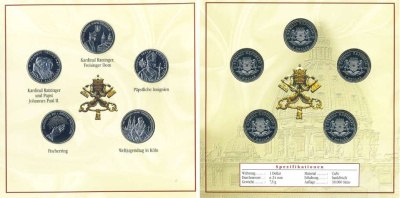 Сомали набор из 5 монет по 1 доллару 2006 Бенедикт XVI, первый немецкий папа римский почти за 500 лет, в картонном буклете, тираж 30000 экз. медно-никель BUNC 5-4-3-10