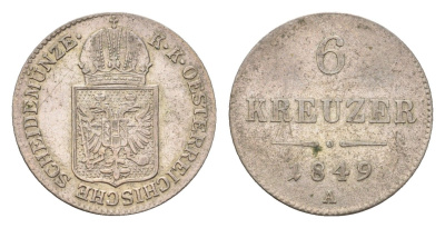 Австрия 6 крейцеров 1849 A, Франц Иосиф I (1848-1916) KM 2200 серебро 66-515