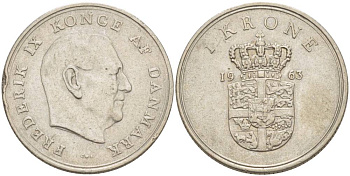 Дания 1 крона 1963 C;S, Фредерик IX (1947-1972) KM 851 медно-никель 4551-1255