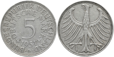 ФРГ 5 марок 1951 G KM 112.1, J. 387 серебро 1526-114
