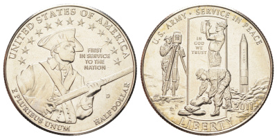 США 1/2 доллара 2011 D, Армия США, в оригинальной упаковке, с сертификатом KM 506 медь плакированная медно-никель BU 8-2-05-31