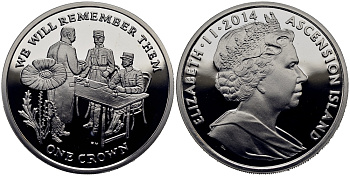 Остров Вознесения 1 крона 2014 в память героев первой мировой войны, допрос KM NEW серебро PROOF 1071-3-44