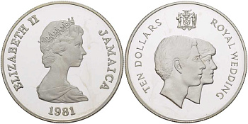 Ямайка 10 долларов 1981 КОРОЛЕВСКАЯ СВАДЬБА ПРИНЦА ЧАРЛЬЗА И ЛЕДИ ДИАНЫ KM 92 серебро PROOF 1080-8-23