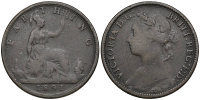 Великобритания 1 фартинг 1891 Виктория (1837-1901) KM 753, Spink 3958 бронза 4548-1117