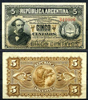 Аргентина 5 сентаво 1883 (1884) серия Q, Николас Авельянеда (1837-1885) Pick 5 бумага XF  000-00-00