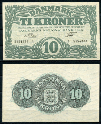 Дания 10 крон 1948 подписи Riim - Friis, серия t Pick 37 f  бумага  UNC (пресс) 451-723-3