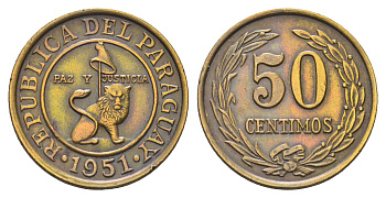 Парагвай 50 сентимо 1951 KM 24 алюминиевая бронза 4666-1057