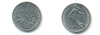 ФРАНЦИЯ 1/2 ФРАНКА 1973 KM 931.1 никель 86-1753