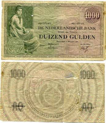 Нидерланды 1000 гульденов 1926 (1931) 14 октября 1931, серия AQ Pick 48, Akkermans 106A.2 бумага 451-251-1