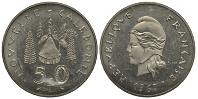 Французская Новая Каледония 50 франков 1967 PROBA, ESSAI, в оригинальной упаковке KM E13 никель UNC 272-331