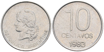 Аргентина 10 сентаво 1983 голова свободы влево KM 89, Schon 89, CJ 368 алюминий    60-1027