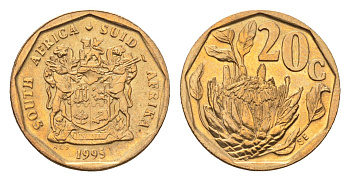 ЮАР 20 центов 1995 герб, цветок протея KM 136 сталь плакированная бронзой UNC 4694-845