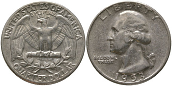 США 25 центов = квотер 1953 Джордж Вашингтон KM 164 серебро 4187-821