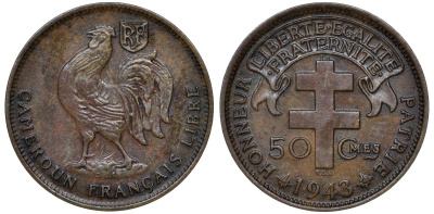 Французский Камерун 50 сантимов 1943 SA, петух, с Libre, монетный двор Претория KM 6 бронза 1521-321