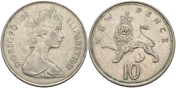 Великобритания 10 пенсов 1969 Елизавета II (1952-2022) KM 912, Spink 4231 (F1) медно-никель 4683-422