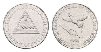 Никарагуа 10 сентаво 1994 голубь мира, редкий KM 81 хромированная сталь UNC 51-5213