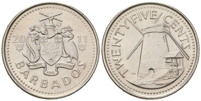 Барбадос 25 центов 2011 KM 13a сталь плакированная никелем UNC 4619-1156