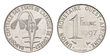 Западная Африка (BCEAO) 1 франк 1997 редкий год KM 8 нержавеющая сталь 4640-415