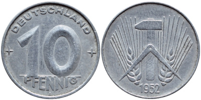 ГДР 10 пфеннигов 1952 A КМ 7 алюминий 261-315
