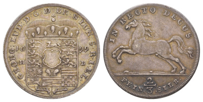 Брауншвейг-Каленберг-Ганновер 2/3 талера 1699 HB, Георг I (1698-1727), из коллекции Ричарда Б. Смита Davenport 418, KM 17, Welter 2153 серебро 00-821-14