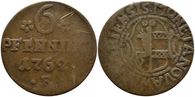 Висмар 6 пфеннигов 1762 F, земля Мекленбург KM 249 медь 560-1631