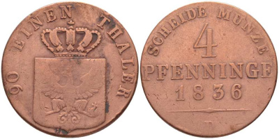 Пруссия 4 пфеннига 1836 D, Фридрих Вильгельм III (1797-1840) KM 412, AKS 32 медь 117-1135