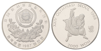 Южная Корея 2000 вон 1987 XXIV летние Олимпийские Игры, Сеул 1988 - Дзюдо KM 51 никель PROOF 11-138-13