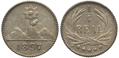 Гватемала 1/4 реала 1897 5 звезд, Испанское правление KM 162 серебро 4549-1152